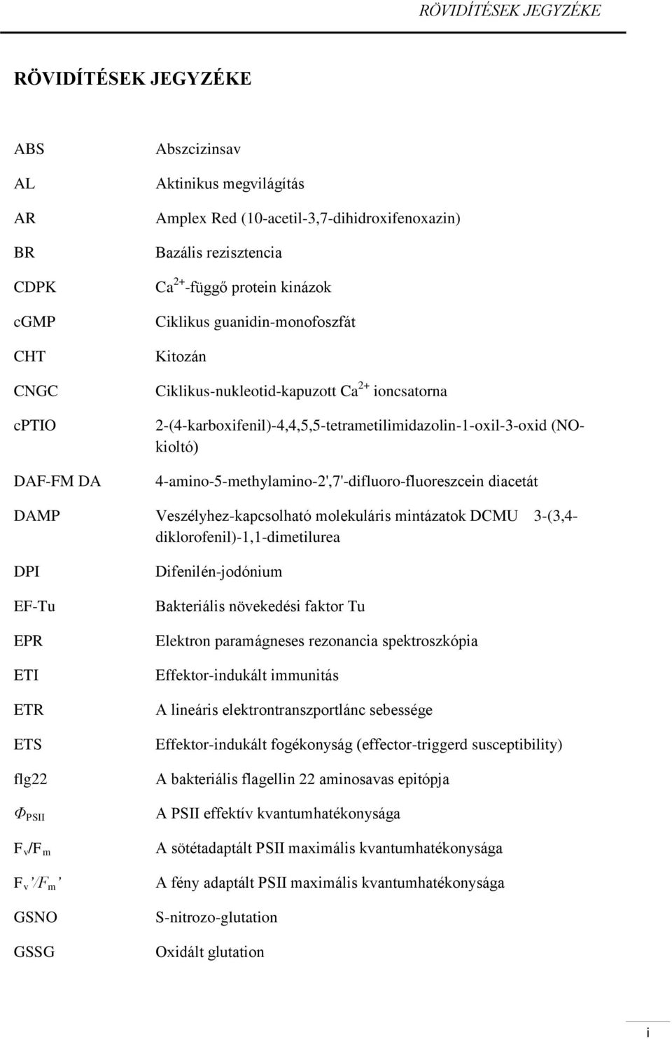 4-amino-5-methylamino-2',7'-difluoro-fluoreszcein diacetát DAMP Veszélyhez-kapcsolható molekuláris mintázatok DCMU 3-(3,4- diklorofenil)-1,1-dimetilurea DPI EF-Tu EPR ETI ETR ETS flg22 Φ PSII F v /F