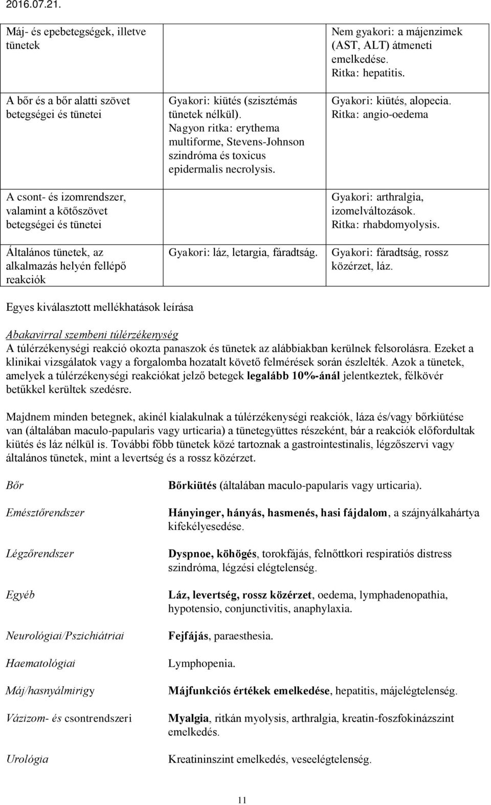 Nem gyakori: a májenzimek (AST, ALT) átmeneti emelkedése. Ritka: hepatitis. Gyakori: kiütés, alopecia. Ritka: angio-oedema Gyakori: arthralgia, izomelváltozások. Ritka: rhabdomyolysis.