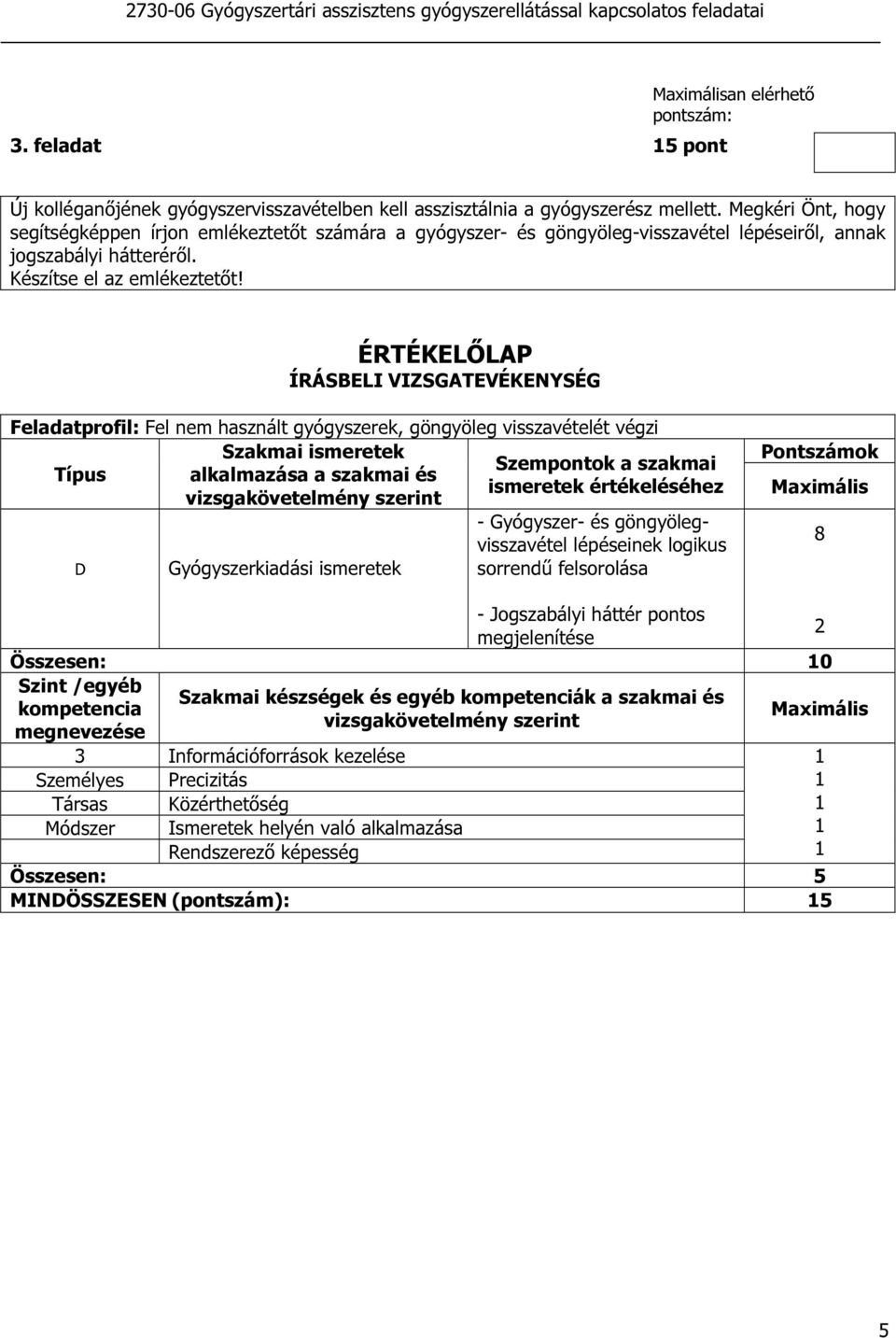 Feladatprofil: Fel nem használt gyógyszerek, göngyöleg visszavételét végzi Típus alkalmazása a szakmai és D Gyógyszerkiadási ismeretek ismeretek értékeléséhez - Gyógyszer- és