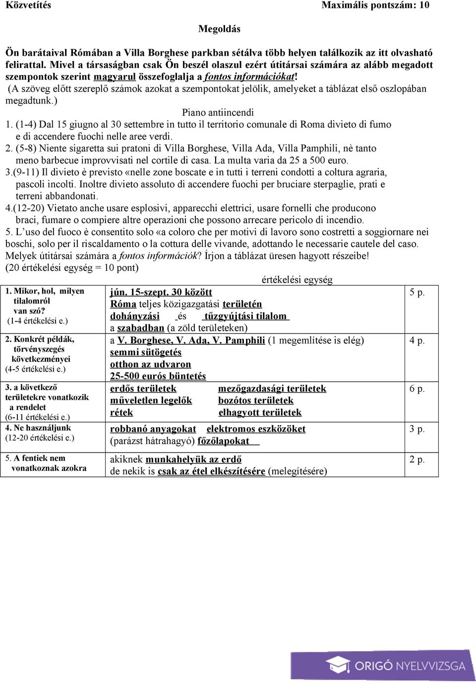 (A szöveg előtt szereplő számok azokat a szempontokat jelölik, amelyeket a táblázat első oszlopában megadtunk.) Piano antiincendi 1.