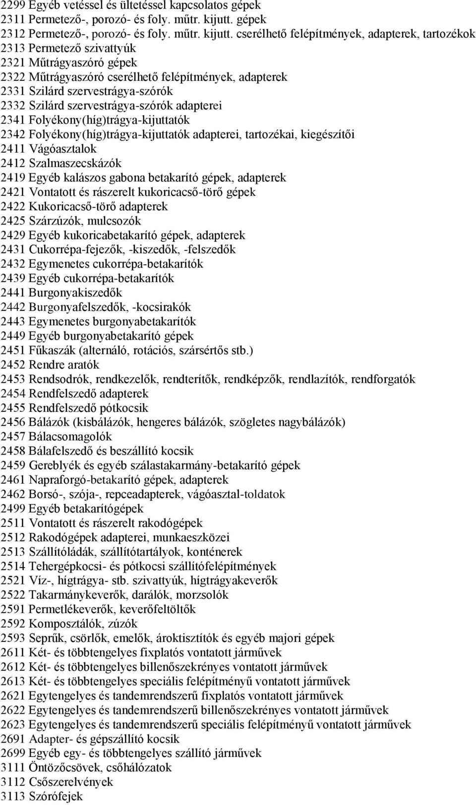 cserélhető felépítmények, adapterek, tartozékok 2313 Permetező szivattyúk 2321 Műtrágyaszóró gépek 2322 Műtrágyaszóró cserélhető felépítmények, adapterek 2331 Szilárd szervestrágya-szórók 2332