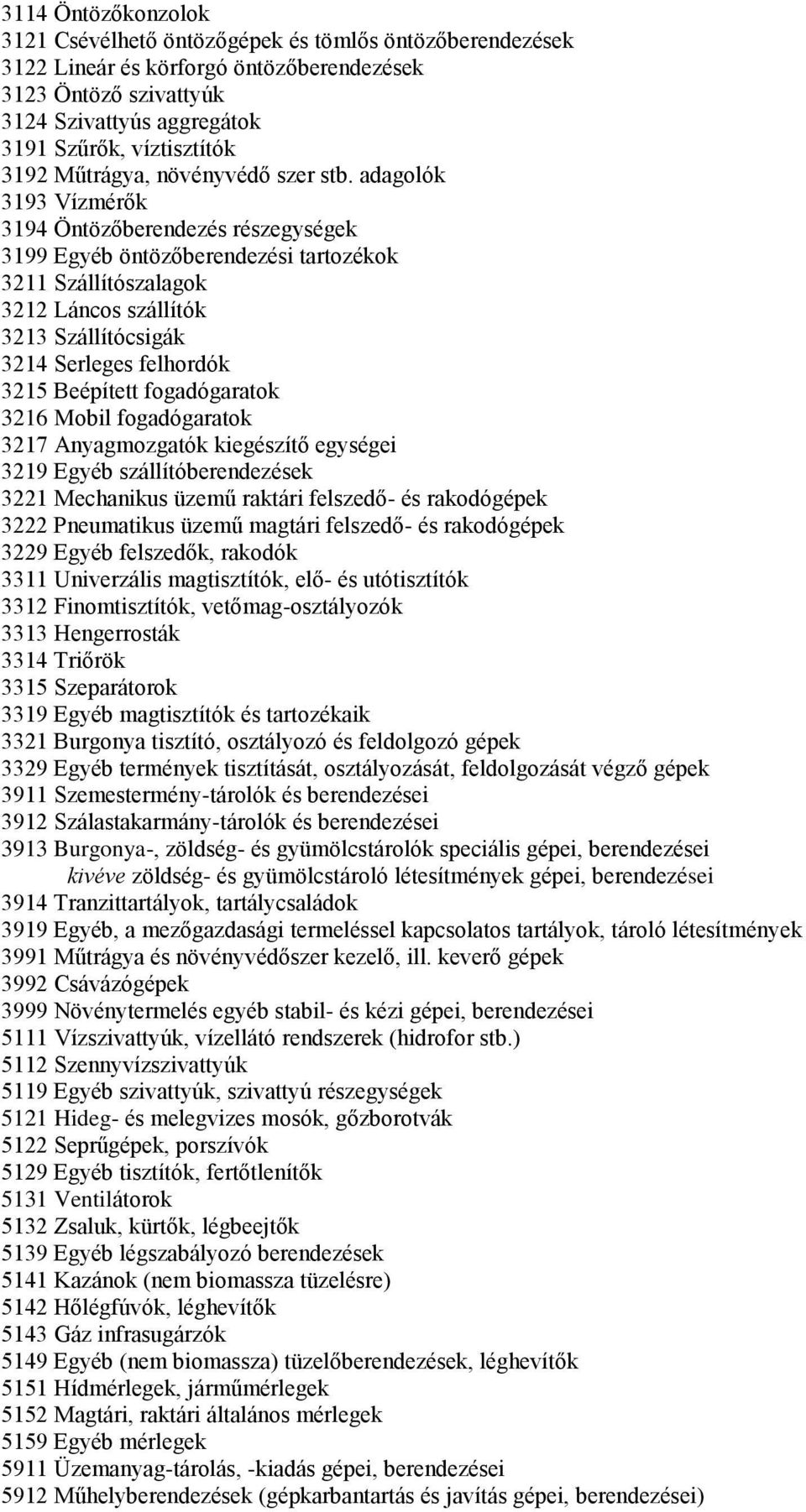 adagolók 3193 Vízmérők 3194 Öntözőberendezés részegységek 3199 Egyéb öntözőberendezési tartozékok 3211 Szállítószalagok 3212 Láncos szállítók 3213 Szállítócsigák 3214 Serleges felhordók 3215