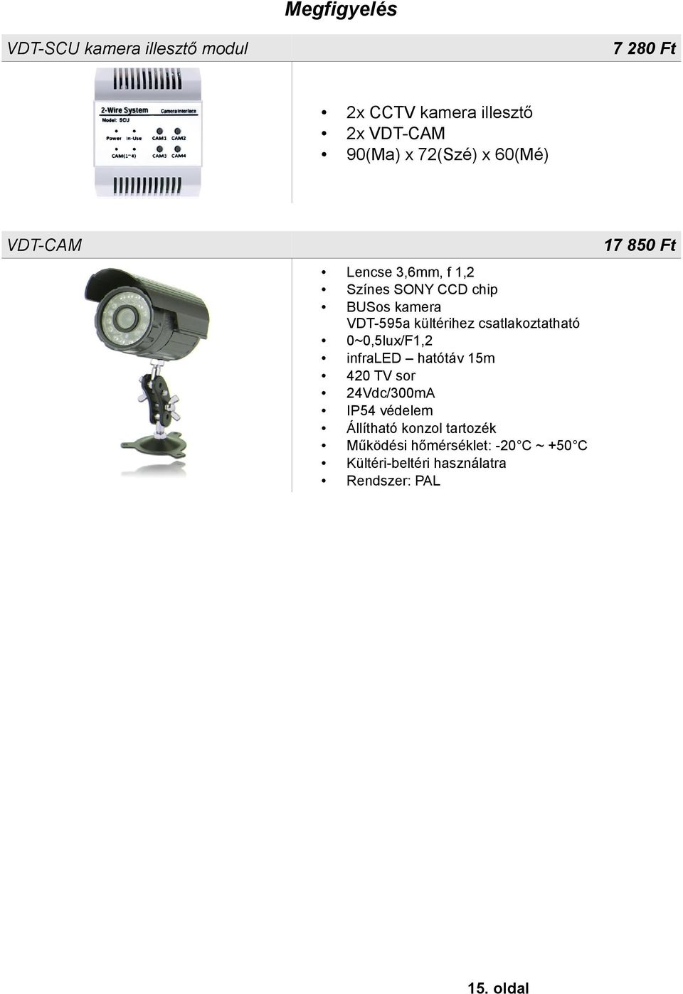 csatlakoztatható 0~0,5lux/F1,2 infraled hatótáv 15m 420 TV sor 24Vdc/300mA IP54 védelem Állítható