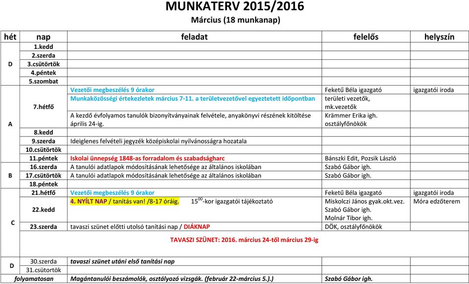 szerda Ideiglenes felvételi jegyzék középiskolai nyilvánosságra hozatala 10.csütörtök 11.péntek Iskolai ünnepség 1848-as forradalom és szabadságharc Bánszki Edit, Pozsik László 16.