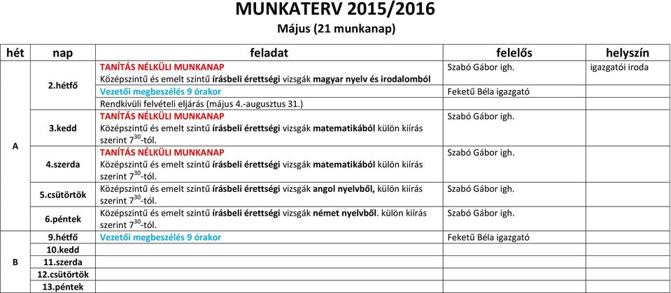 ) TANÍTÁS NÉLKÜLI MUNKANAP 3.kedd Középszintű és emelt szintű írásbeli érettségi vizsgák matematikából külön kiírás szerint 7 30 -tól. TANÍTÁS NÉLKÜLI MUNKANAP 4.