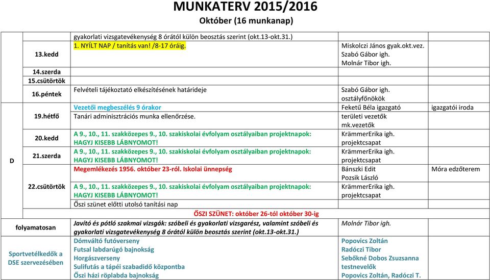 okt.vez. Molnár Tibor igh. Felvételi tájékoztató elkészítésének határideje Tanári adminisztrációs munka ellenőrzése. mk.vezetők A 9., 10.