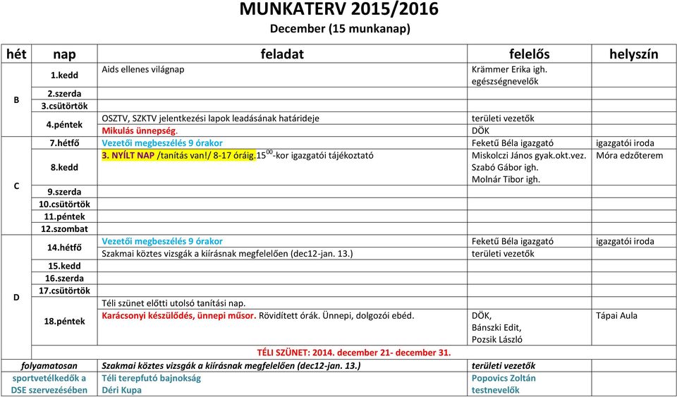 Móra edzőterem 8.kedd Molnár Tibor igh. 9.szerda 10.csütörtök 11.péntek 12.szombat 14.hétfő 15.kedd 16.szerda 17.csütörtök 18.péntek Szakmai köztes vizsgák a kiírásnak megfelelően (dec12-jan. 13.