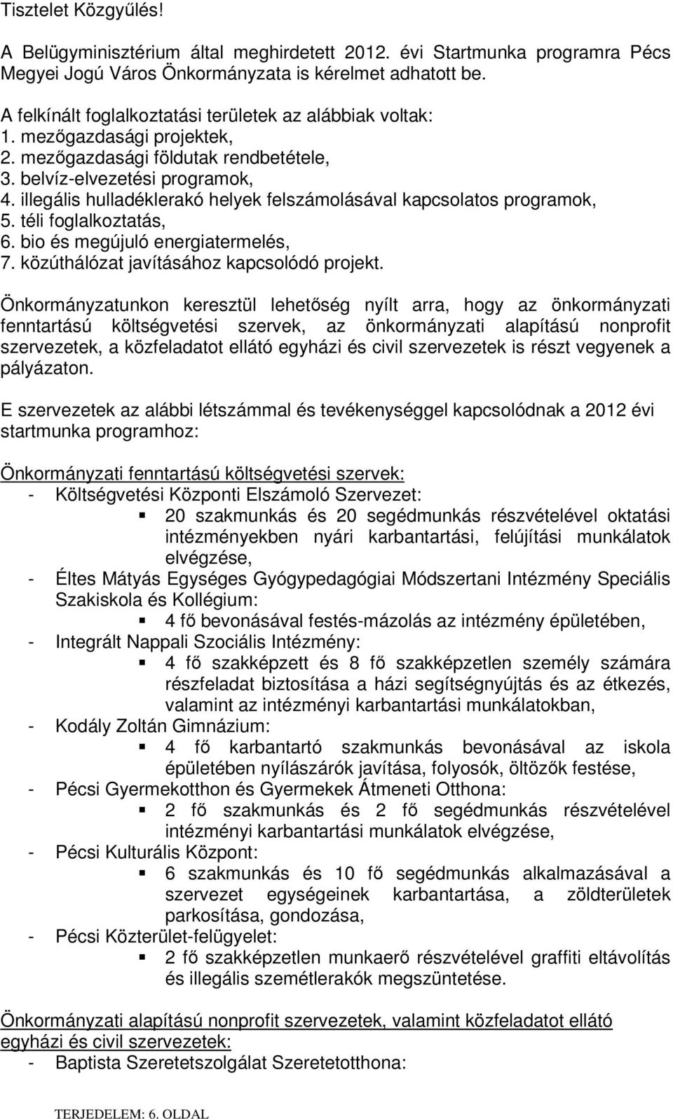 illegális hulladéklerakó helyek felszámolásával kapcsolatos programok, 5. téli foglalkoztatás, 6. bio és megújuló energiatermelés, 7. közúthálózat javításához kapcsolódó projekt.