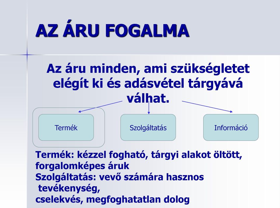 Termék Szolgáltatás Információ Termék: kézzel fogható, tárgyi