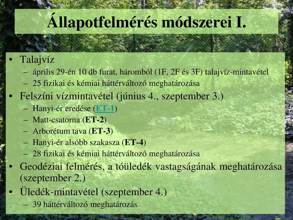 meghatározása Felszíni vízmintavétel (június 4., szeptember 3.