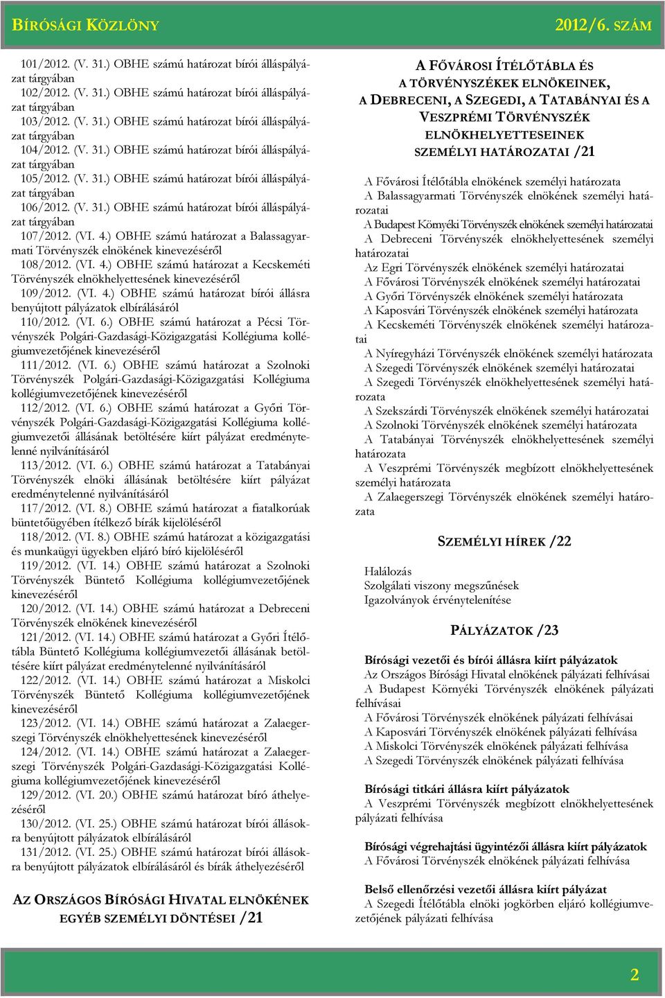 ) OBHE számú a Balassagyarmati Törvényszék elnökének kinevezéséről 108/2012. (VI. 4.) OBHE számú a Kecskeméti Törvényszék elnökhelyettesének kinevezéséről 109/2012. (VI. 4.) OBHE számú bírói állásra benyújtott pályázatok elbírálásáról 110/2012.