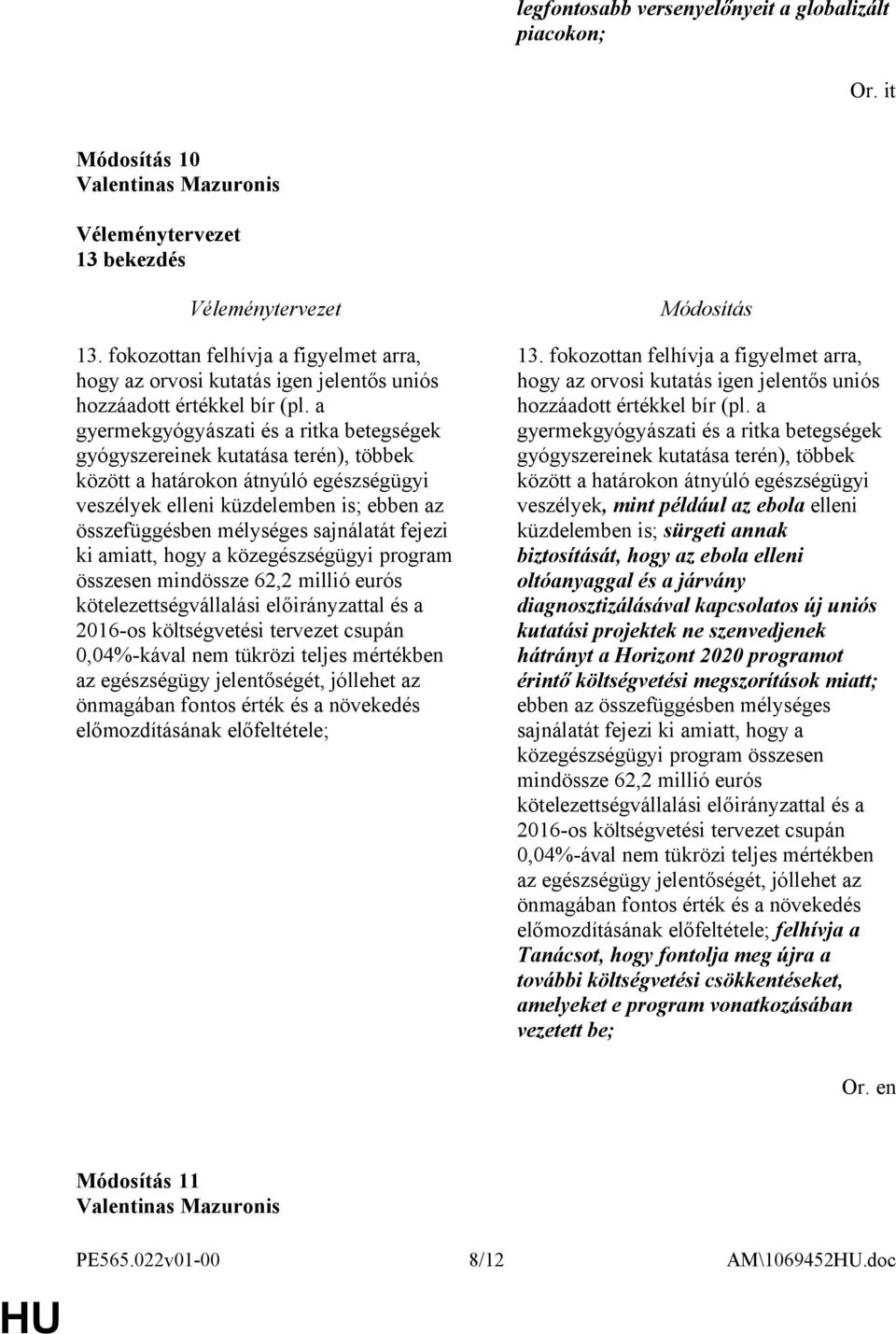 a gyermekgyógyászati és a ritka betegségek gyógyszereinek kutatása terén), többek között a határokon átnyúló egészségügyi veszélyek elleni küzdelemben is; ebben az összefüggésben mélységes sajnálatát