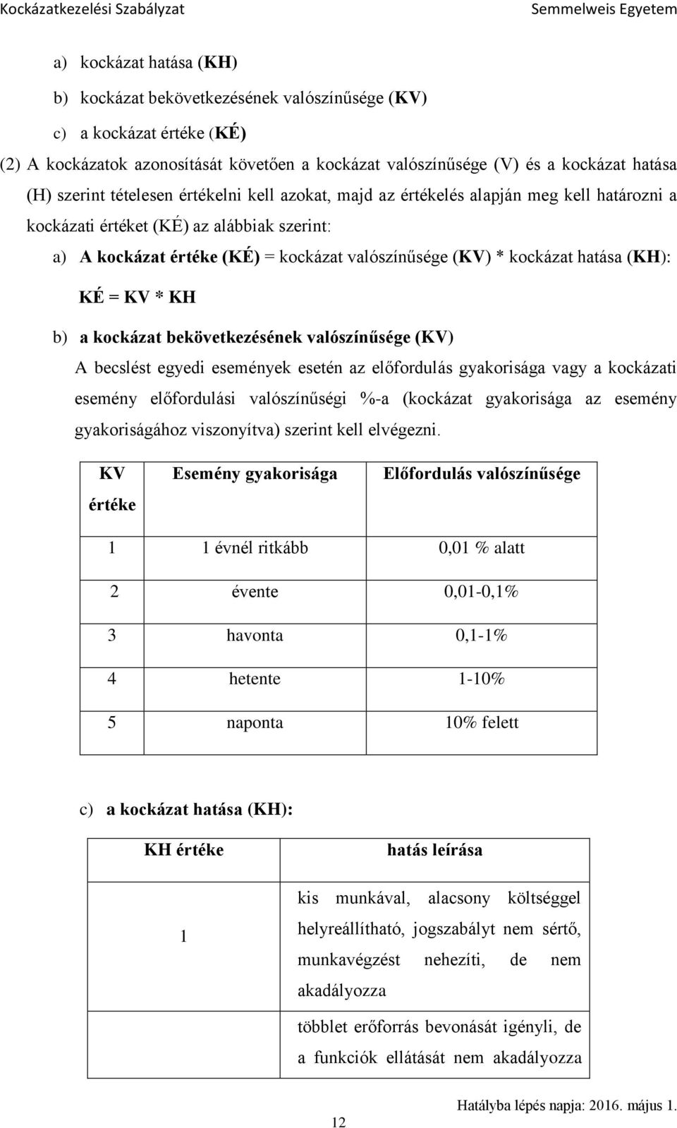 (KH): KÉ = KV * KH b) a kockázat bekövetkezésének valószínűsége (KV) A becslést egyedi események esetén az előfordulás gyakorisága vagy a kockázati esemény előfordulási valószínűségi %-a (kockázat