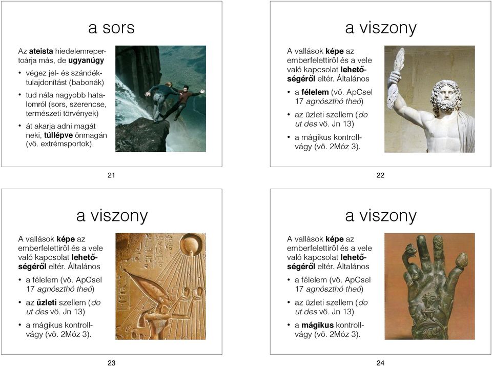 Jn 13) a mágikus kontrollvágy (vö. 2Móz 3). a viszony 21 22 A vallások képe az emberfelettiről és a vele való kapcsolat lehetőségéről eltér. Általános a félelem (vö.