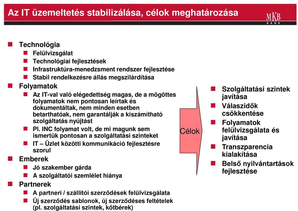 INC folyamat volt, de mi magunk sem ismertük pontosan a szolgáltatási szinteket IT Üzlet közötti kommunikáció fejlesztésre szorul Emberek Jó szakember gárda A szolgáltatói szemlélet hiánya Partnerek