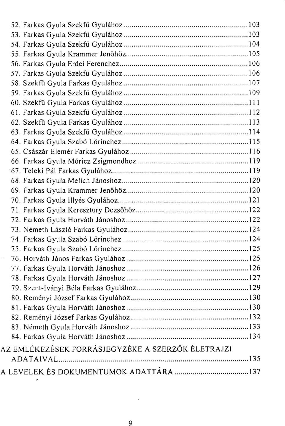 Szekfű Gyula Farkas Gyulához 113 63. Farkas Gyula Szekfű Gyulához 114 64. Farkas Gyula Szabó Lőrinchez 115 65. Császár Elemér Farkas Gyulához 116 66. Farkas Gyula Móricz Zsigmondhoz 119 67.