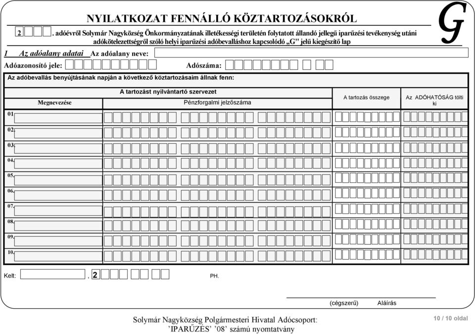 adókötelezettségről szóló helyi iparűzési adóbevalláshoz kapcsolódó G" jelű kiegészítő lap 1 adatai G Az adóbevallás