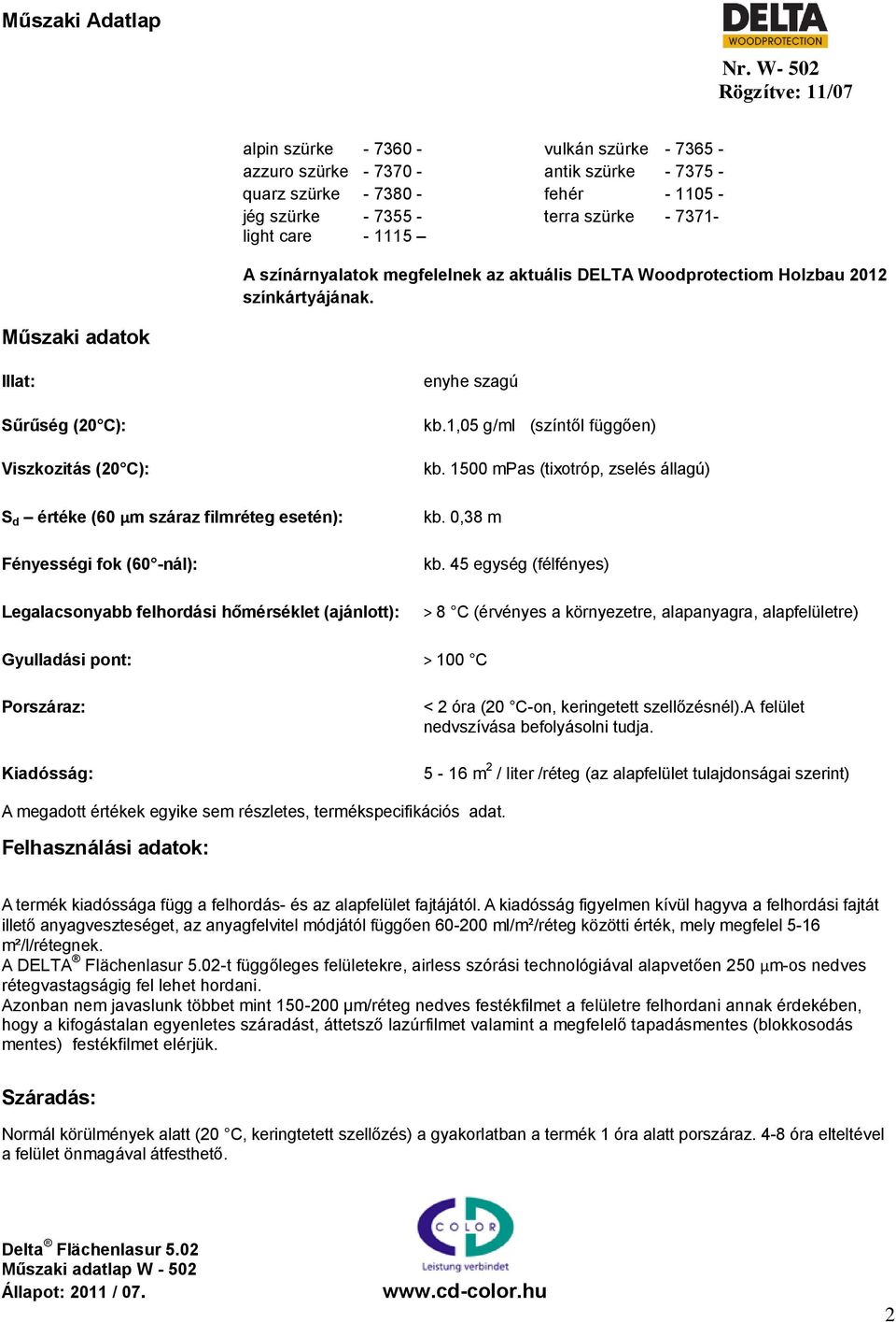 Műszaki adatok Illat: Sűrűség (20 C): Viszkozitás (20 C): S d értéke (60 µm száraz filmréteg esetén): Fényességi fok (60 -nál): Legalacsonyabb felhordási hőmérséklet (ajánlott): enyhe szagú kb.