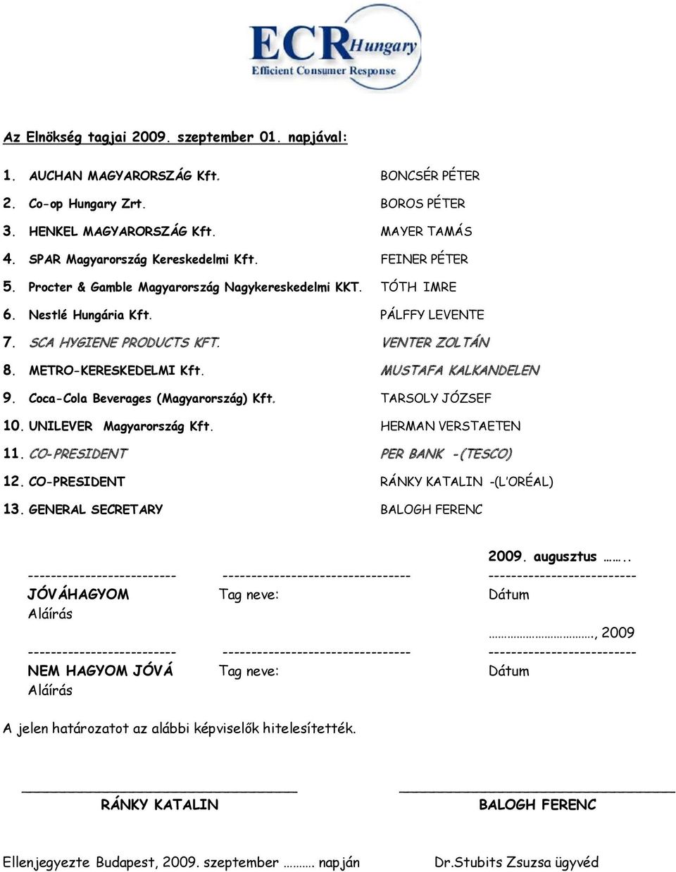 METRO-KERESKEDELMI Kft. MUSTAFA KALKANDELEN 9. Coca-Cola Beverages (Magyarország) Kft. TARSOLY JÓZSEF 10. UNILEVER Magyarország Kft. HERMAN VERSTAETEN 11. CO- PRESIDENT PER BANK - (TESCO) 12.