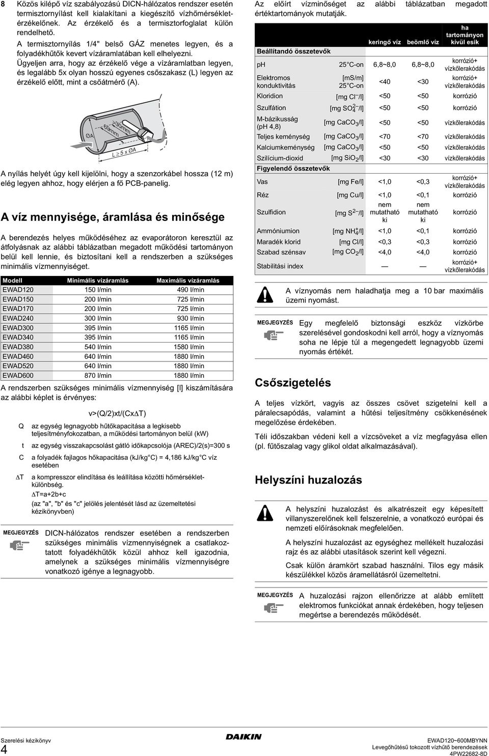 Ügyeljen arra, hogy az érzékelő vége a vízáramlatban legyen, és legalább 5x olyan hosszú egyenes csőszakasz (L) legyen az érzékelő előtt, mint a csőátmérő (A).