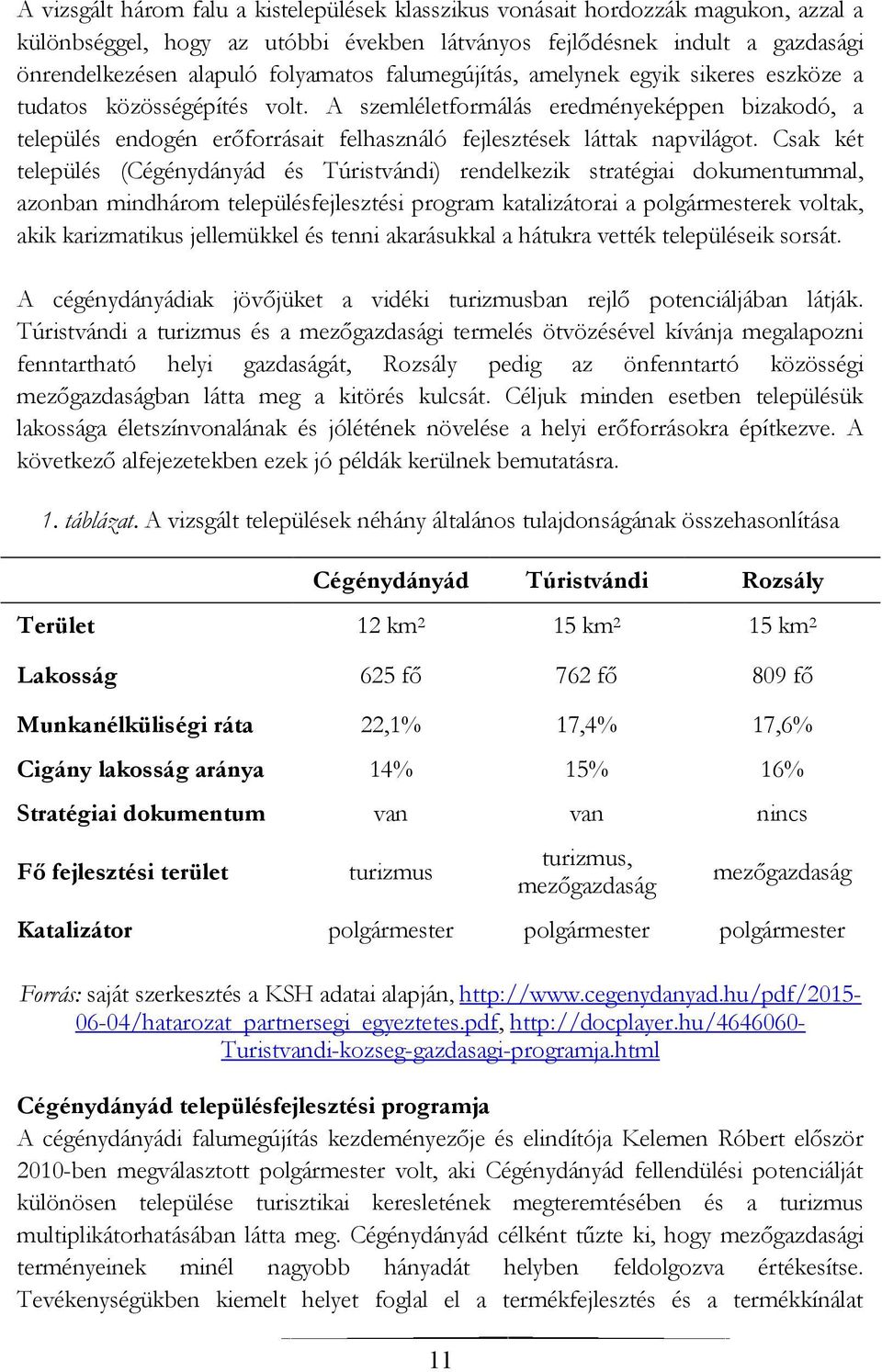 Csak két település (Cégénydányád és Túristvándi) rendelkezik stratégiai dokumentummal, azonban mindhárom településfejlesztési program katalizátorai a polgármesterek voltak, akik karizmatikus