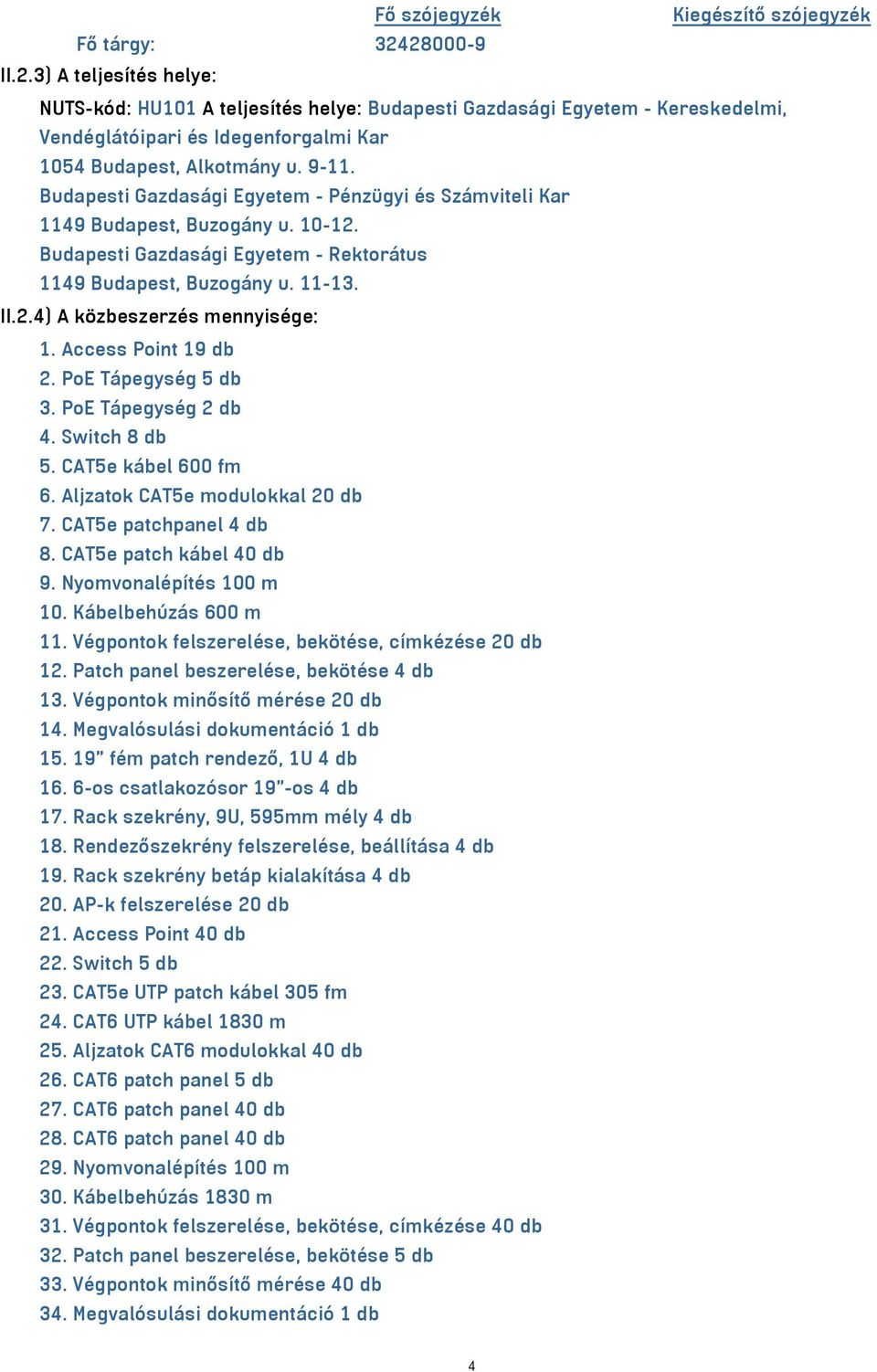 Budapesti Gazdasági Egyetem - Pénzügyi és Számviteli Kar 1149 Budapest, Buzogány u. 10-12. Budapesti Gazdasági Egyetem - Rektorátus 1149 Budapest, Buzogány u. 11-13. II.2.4) A közbeszerzés mennyisége: 1.