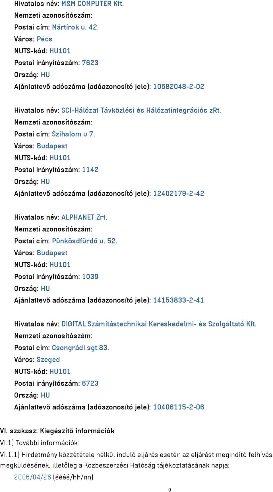 Város: Budapest Postai irányítószám: 1142 Ajánlattevő adószáma (adóazonosító jele): 12402179-2-42 Hivatalos név: ALPHANET Zrt. Postai cím: Pünkösdfürdő u. 52.