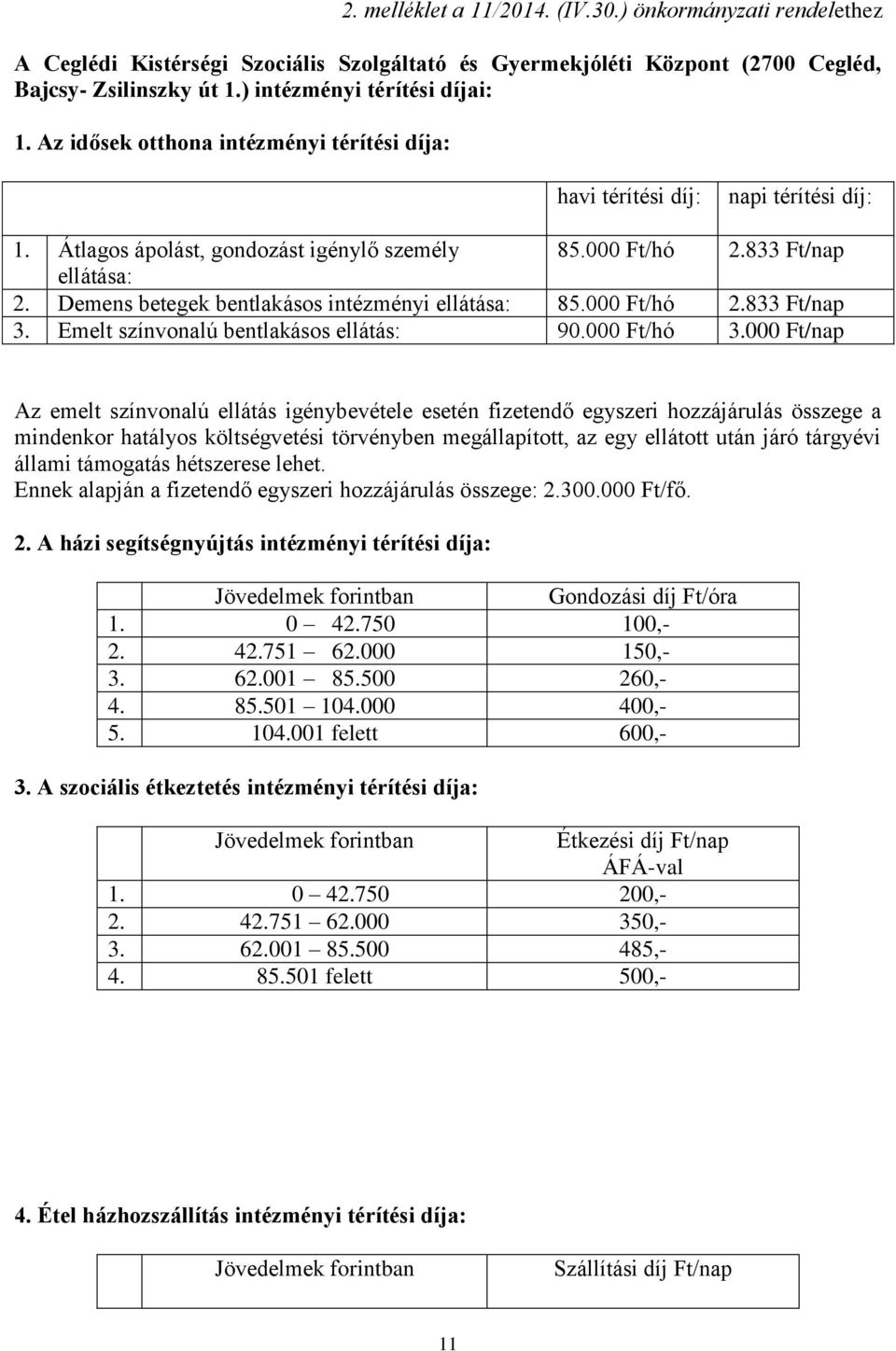 Demens betegek bentlakásos intézményi ellátása: 85.000 Ft/hó 2.833 Ft/nap 3. Emelt színvonalú bentlakásos ellátás: 90.000 Ft/hó 3.