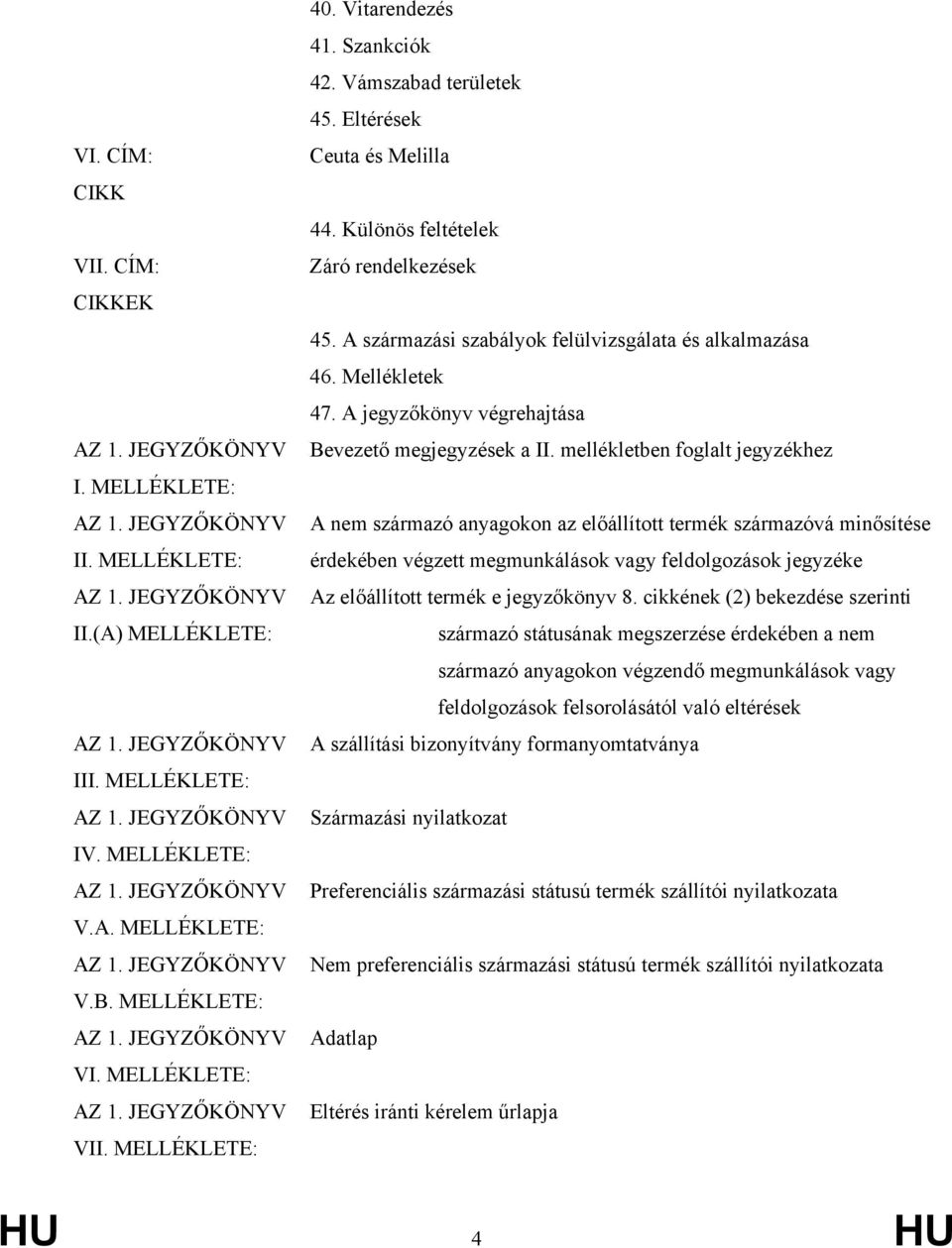 Vászabad területek 45. Eltérések Ceuta és Melilla 44. Különös feltételek Záró rendelkezések 45. A szárazási szabályok felülvizsgálata és alkalazása 46. Mellékletek 47.