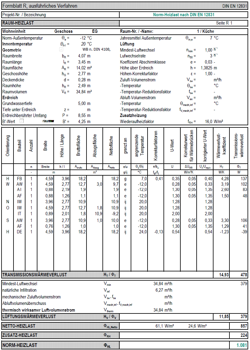 A fűtési hőszükséglet meghatározása DIN EN 12831 szerint Épületadatok, R1-es formalap