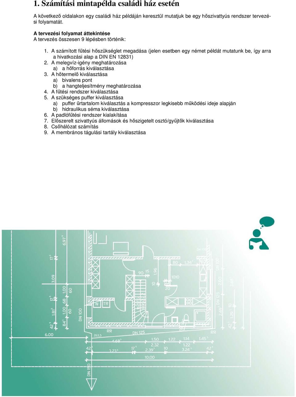 A számított fűtési hőszükséglet megadása (jelen esetben egy német példát mutatunk be, így arra a hivatkozási alap a DIN EN 12831) 2. A melegvíz-igény meghatározása a) a hőforrás kiválasztása 3.