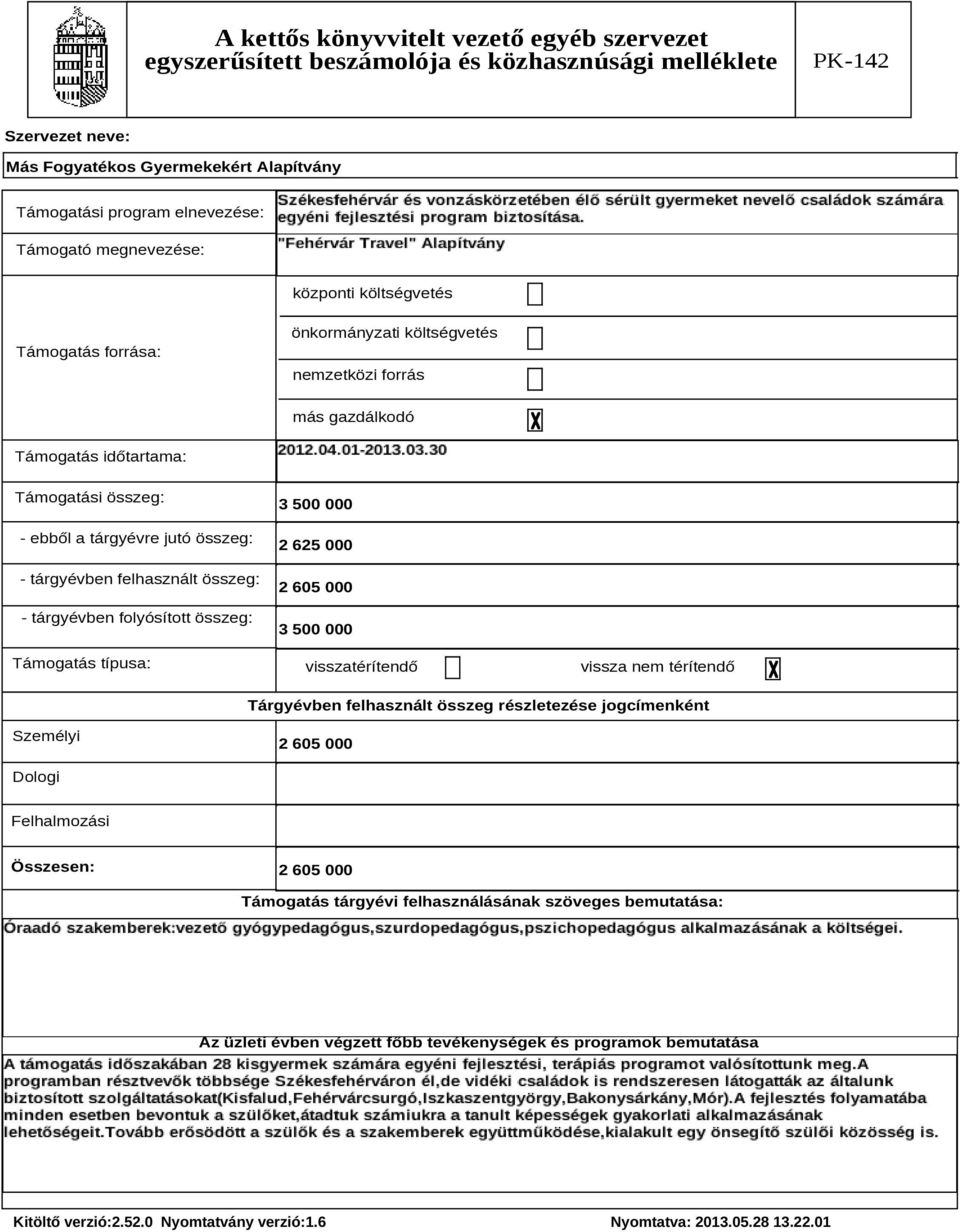 típusa: 3 500 000 2 625 000 2 605 000 3 500 000 visszatérítendő vissza nem térítendő Tárgyévben felhasznált összeg részletezése jogcímenként Személyi 2 605