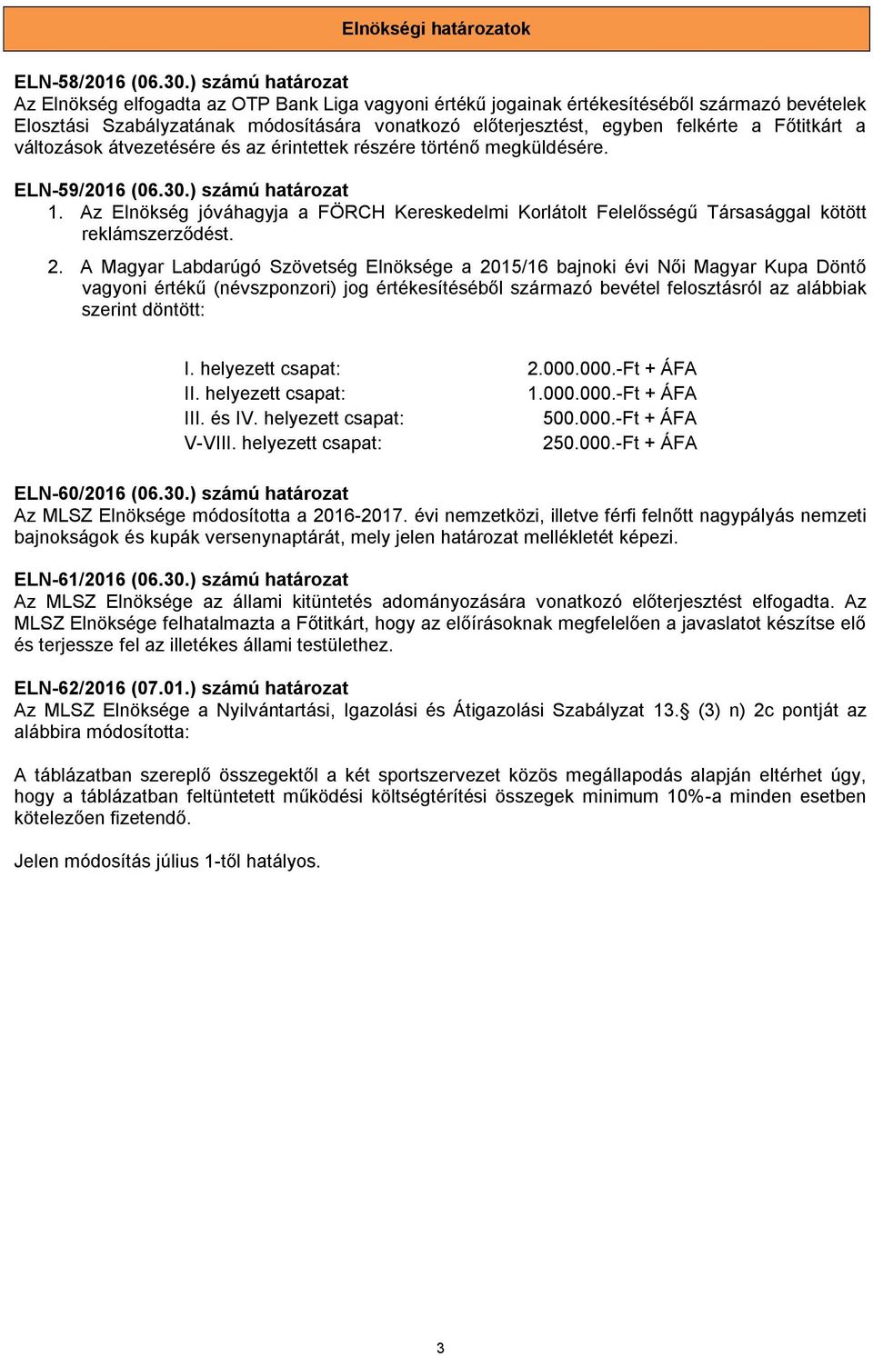 Főtitkárt a változások átvezetésére és az érintettek részére történő megküldésére. ELN-59/2016 (06.30.) számú határozat 1.