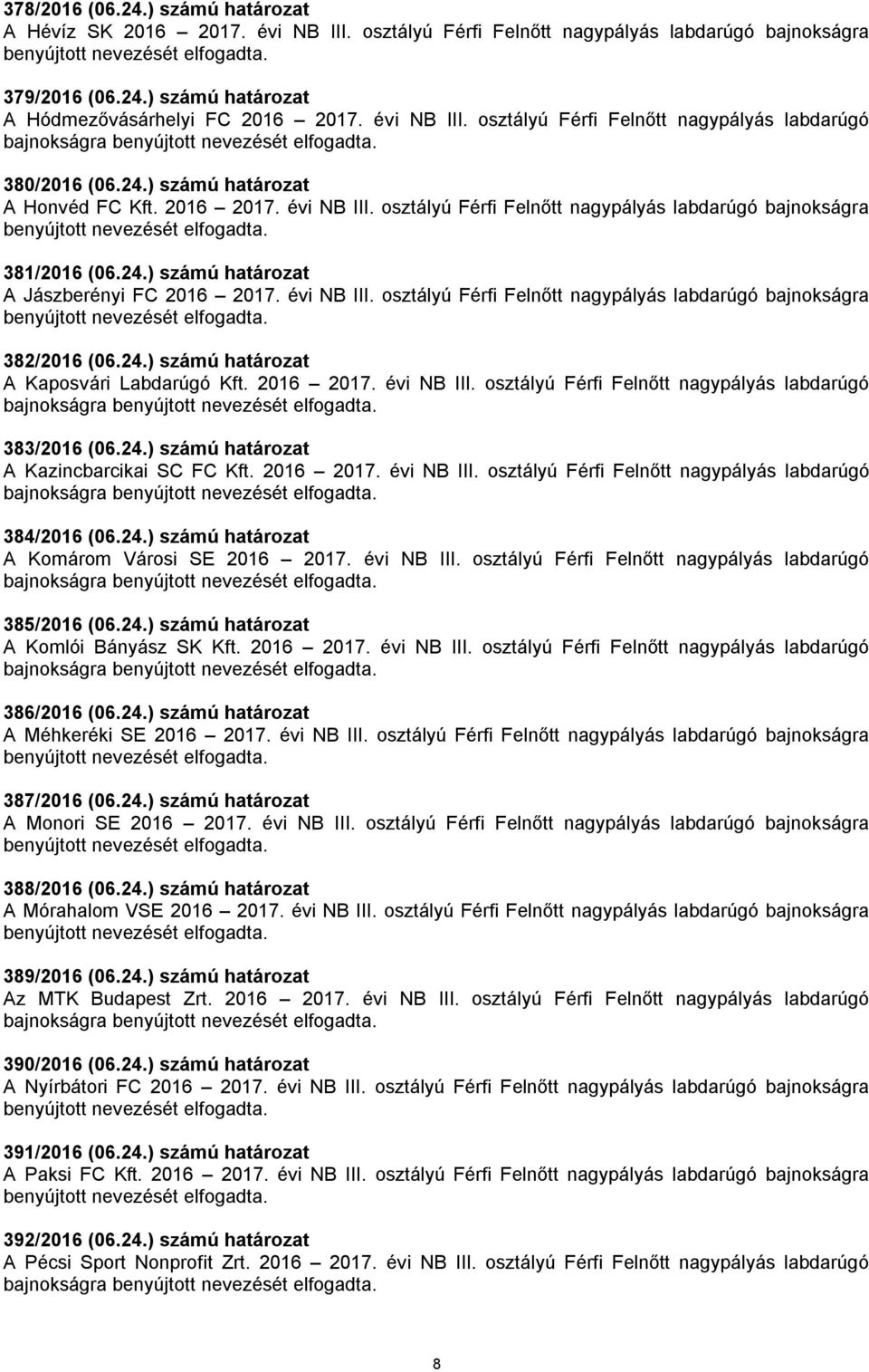 osztályú Férfi Felnőtt nagypályás labdarúgó bajnokságra 381/2016 (06.24.) számú határozat A Jászberényi FC 2016 2017. évi NB III. osztályú Férfi Felnőtt nagypályás labdarúgó bajnokságra 382/2016 (06.