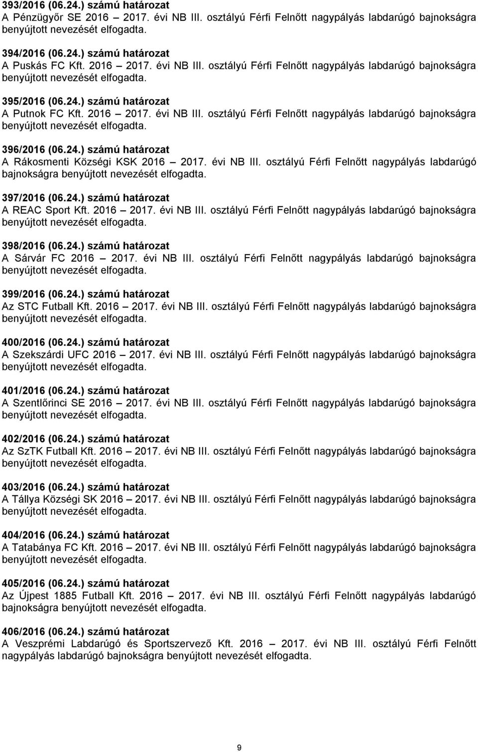 24.) számú határozat A REAC Sport Kft. 2016 2017. évi NB III. osztályú Férfi Felnőtt nagypályás labdarúgó bajnokságra 398/2016 (06.24.) számú határozat A Sárvár FC 2016 2017. évi NB III. osztályú Férfi Felnőtt nagypályás labdarúgó bajnokságra 399/2016 (06.