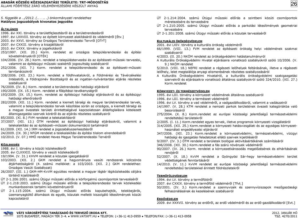 törvény a jogalkotásról 253/1997. (XII. 20.) Korm. rendelet az országos településrendezési és építési követelményekről [OTÉK] 104/2006. (IV. 28.) Korm. rendelet a településtervezési és az építészeti-műszaki tervezési, valamint az építésügyi műszaki szakértői jogosultság szabályairól 252/2006.