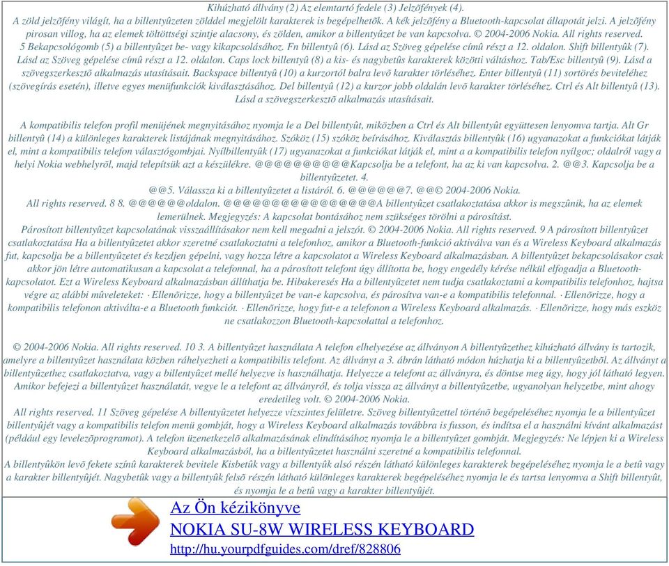 All rights reserved. 5 Bekapcsológomb (5) a billentyûzet be- vagy kikapcsolásához. Fn billentyû (6). Lásd az Szöveg gépelése címû részt a 12. oldalon. Shift billentyûk (7).