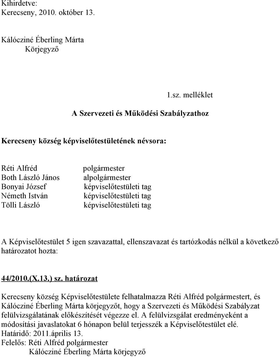 képviselőtestületi tag képviselőtestületi tag képviselőtestületi tag A Képviselőtestület 5 igen szavazattal, ellenszavazat és tartózkodás nélkül a következő határozatot hozta: 44/2010.(X.13.) sz.