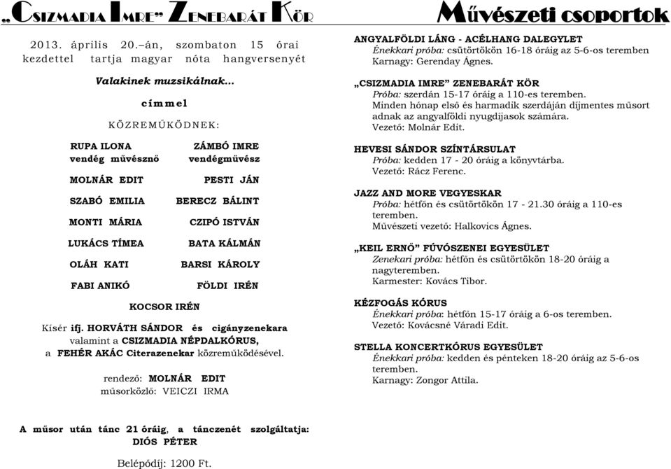 KATI FABI ANIKÓ KOCSOR IRÉN ZÁMBÓ IMRE vendégművész PESTI JÁN BERECZ BÁLINT CZIPÓ ISTVÁN BATA KÁLMÁN BARSI KÁROLY FÖLDI IRÉN Kísér ifj.
