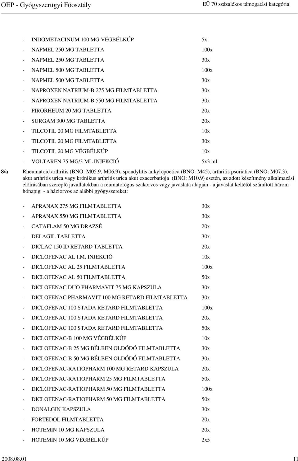 FILMTABLETTA 30x - TILCOTIL 20 MG VÉGBÉLKÚP 10x - VOLTAREN 75 MG/3 ML INJEKCIÓ 5x3 ml 8/a Rheumatoid arthritis (BNO: M05.9, M06.