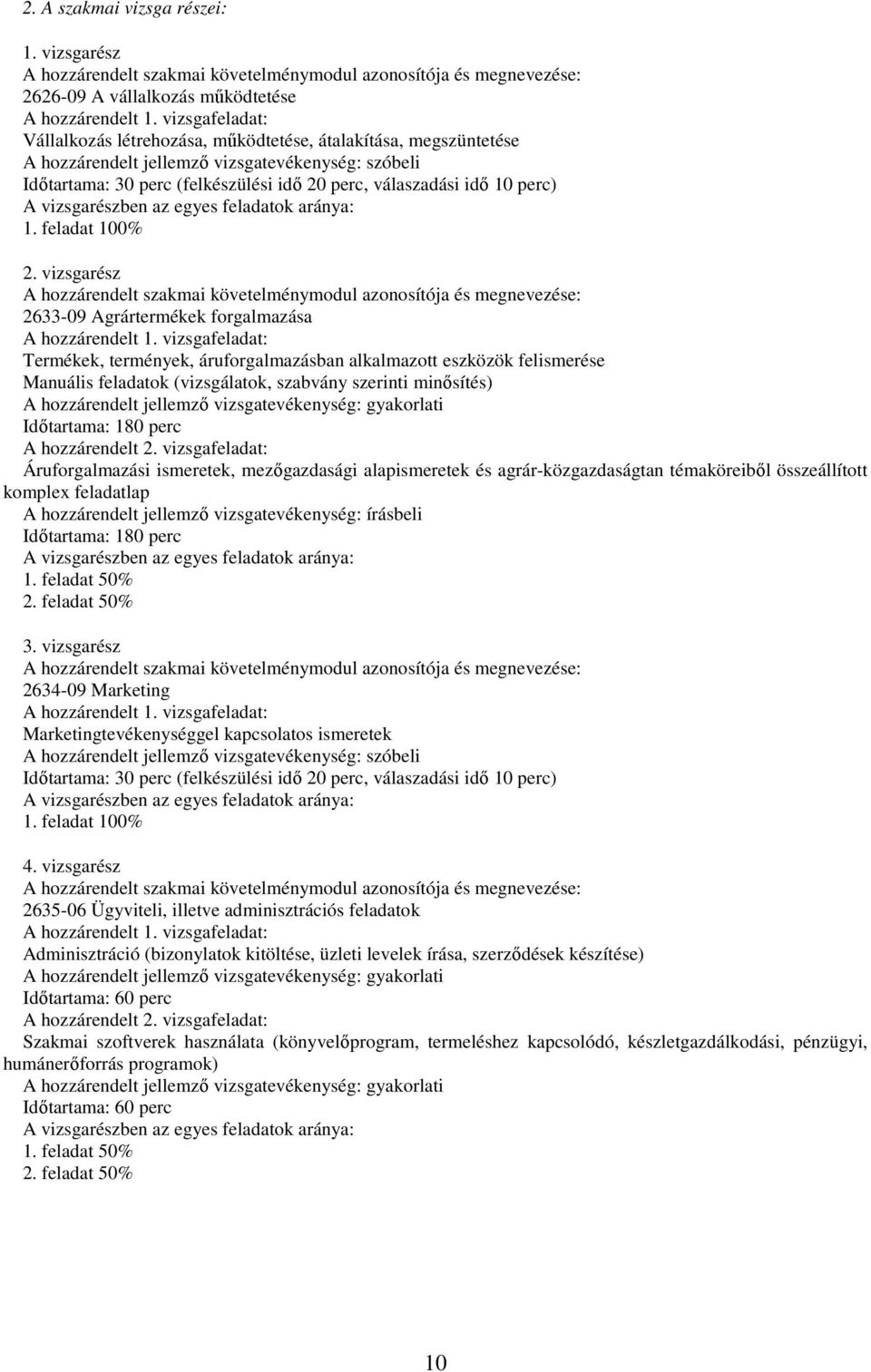 perc) A vizsgarészben az egyes feladatok aránya: 1. feladat 100% 2. vizsgarész A hozzárendelt szakmai követelménymodul azonosítója és megnevezése: 2633-09 Agrártermékek forgalmazása A hozzárendelt 1.