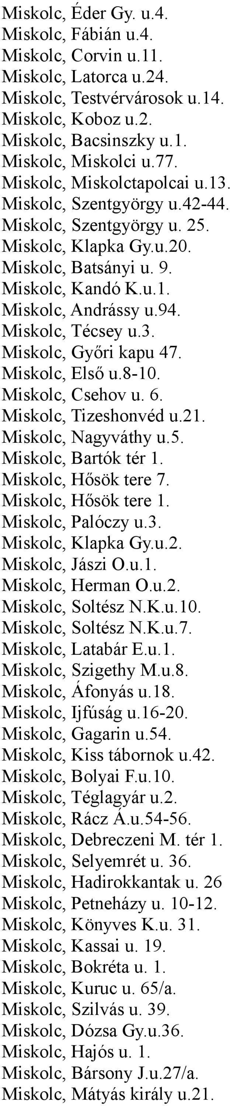 Miskolc, Técsey u.3. Miskolc, Győri kapu 47. Miskolc, Első u.8-10. Miskolc, Csehov u. 6. Miskolc, Tizeshonvéd u.21. Miskolc, Nagyváthy u.5. Miskolc, Bartók tér 1. Miskolc, Hősök tere 7.