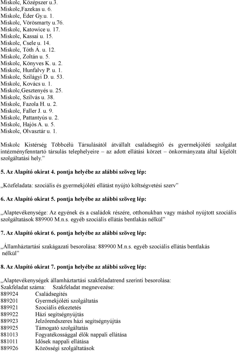 u. 9. Miskolc, Pattantyús u. 2. Miskolc, Hajós A. u. 5. Miskolc, Olvasztár u. 1.