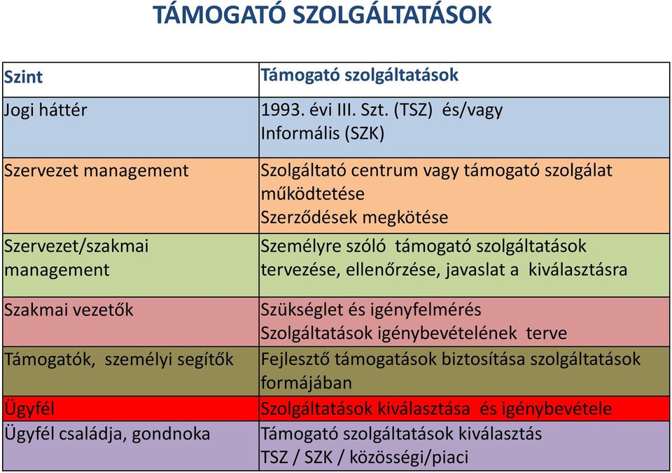 támogató szolgálat működtetése Szerződések megkötése Személyre szóló támogató szolgáltatások tervezése, ellenőrzése, javaslat a kiválasztásra Szükséglet és igényfelmérés Szolgáltatások