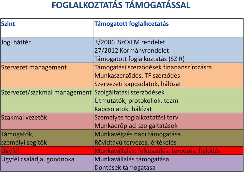 Támogatott foglalkoztatás (SZIR) Támogatási szerződések finananszírozásra Munkaszerződés, TF szerződés Szervezeti kapcsolatok, hálózat Szervezet/szakmai management Szolgáltatási szerződések