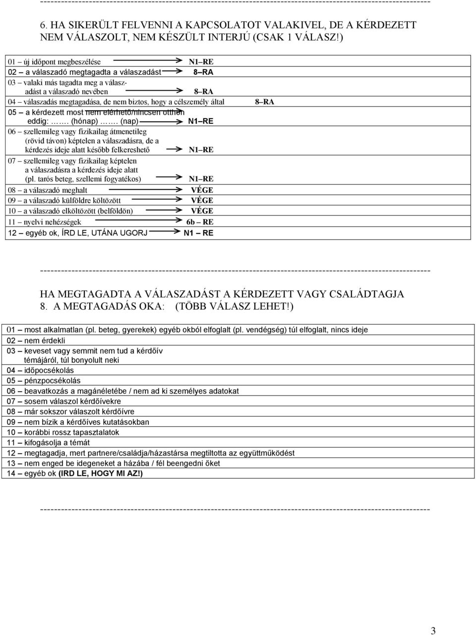 ) 01 új időpont megbeszélése N1 RE 02 a válaszadó megtagadta a válaszadást 8 RA 03 valaki más tagadta meg a válaszadást a válaszadó nevében 8 RA 04 válaszadás megtagadása, de nem biztos, hogy a