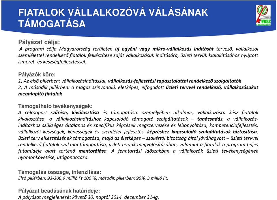 Pályázók köre: 1) Az első pillérben: vállalkozásindítással, vállalkozás-fejlesztési tapasztalattal rendelkező szolgáltatók 2) A második pillérben: a magas színvonalú, életképes, elfogadott üzleti