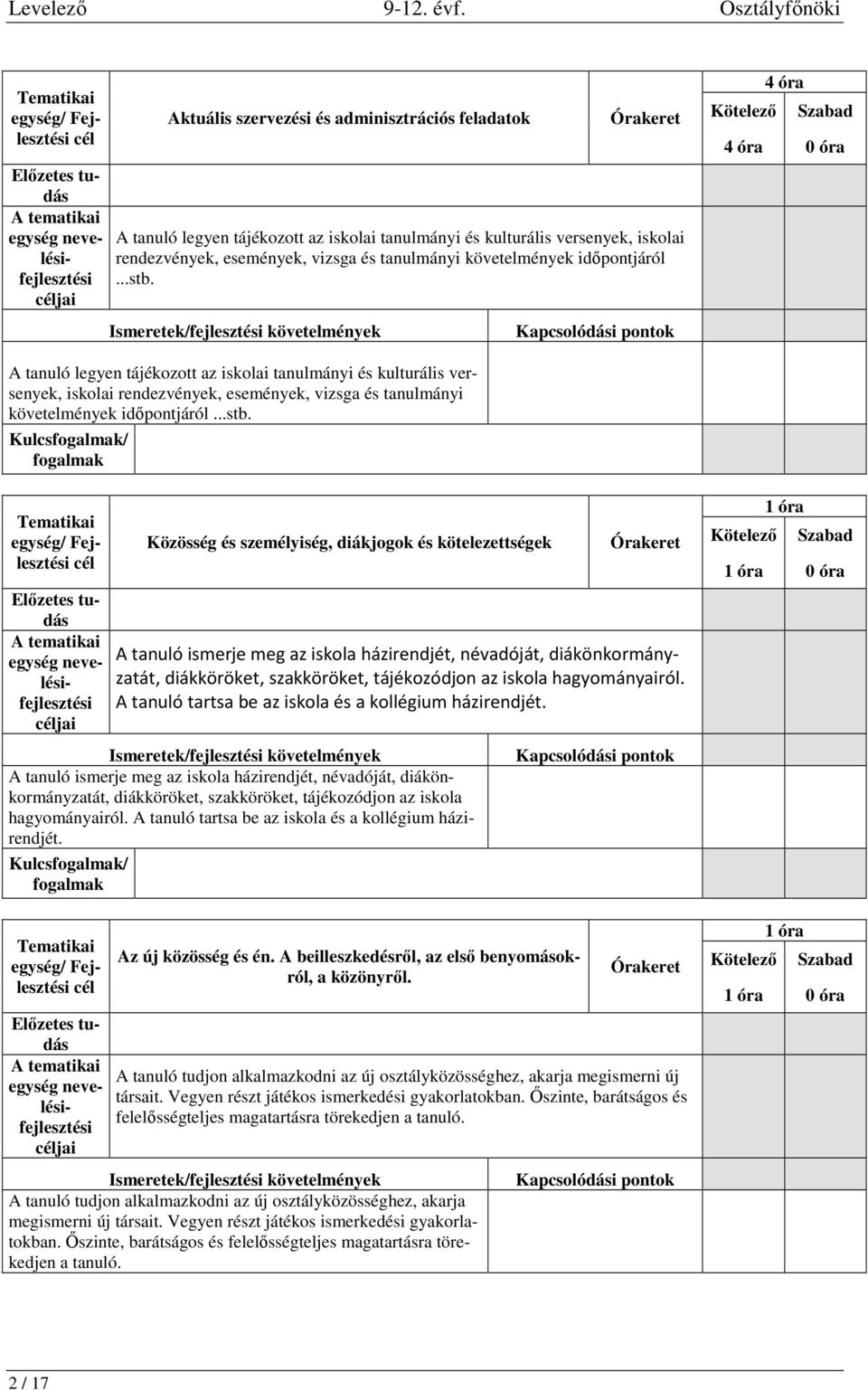 4 óra 4 óra 0 óra A tanuló legyen tájékozott az iskolai tanulmányi és kulturális versenyek, iskolai rendezvények, események, vizsga és tanulmányi követelmények  jai Közösség és személyiség, diákjogok