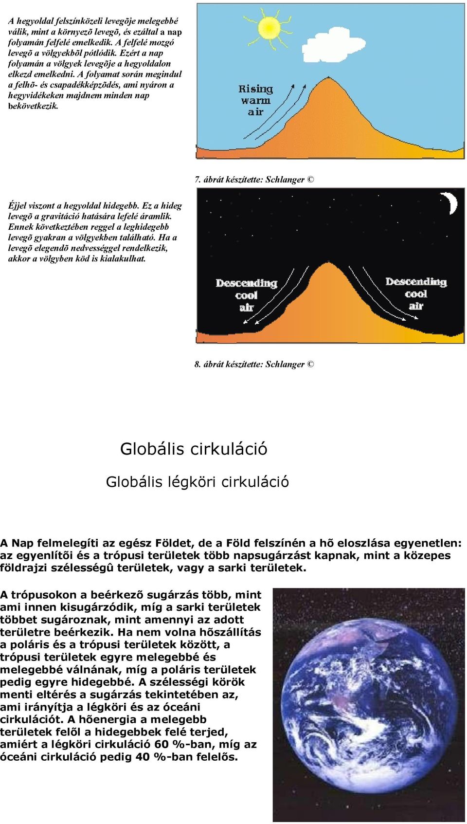 ábrát készítette: Schlanger Éjjel viszont a hegyoldal hidegebb. Ez a hideg levegõ a gravitáció hatására lefelé áramlik. Ennek következtében reggel a leghidegebb levegõ gyakran a völgyekben található.