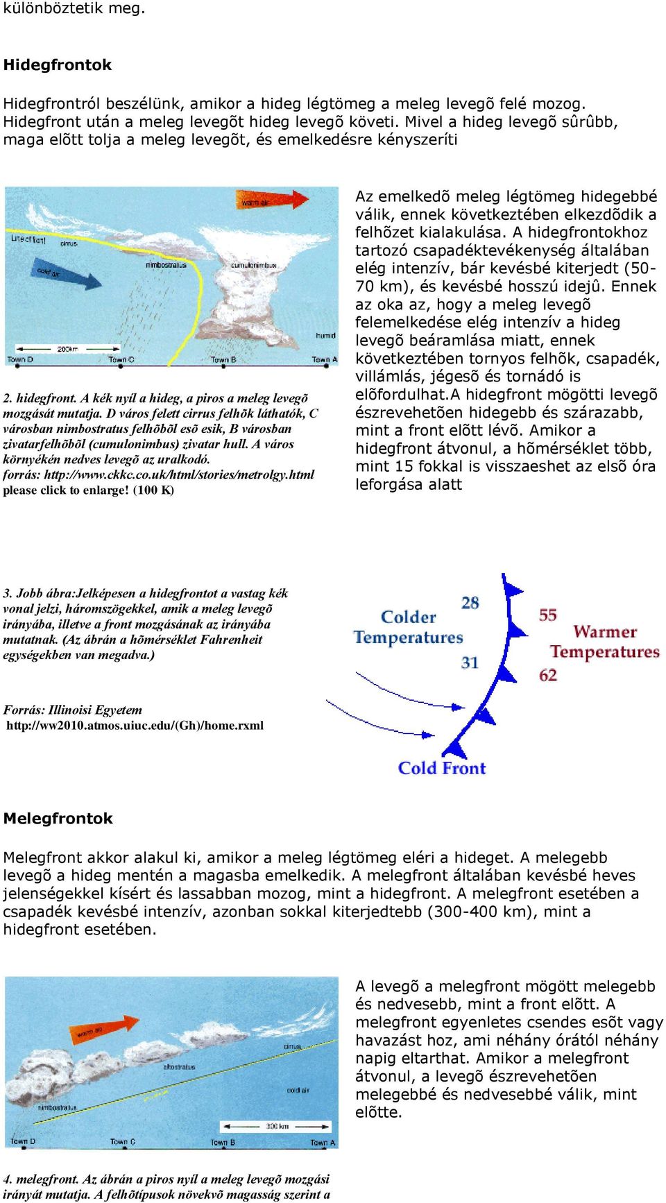 D város felett cirrus felhõk láthatók, C városban nimbostratus felhõbõl esõ esik, B városban zivatarfelhõbõl (cumulonimbus) zivatar hull. A város környékén nedves levegõ az uralkodó.